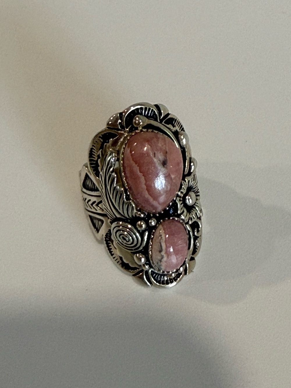 Sterling Silver Pink Stone Double Oval Statement Ring Size 6